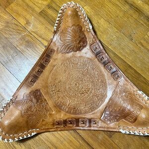 Hand-Tooled Triangular Leather Tripod Seat Cover with Aztec Medallion